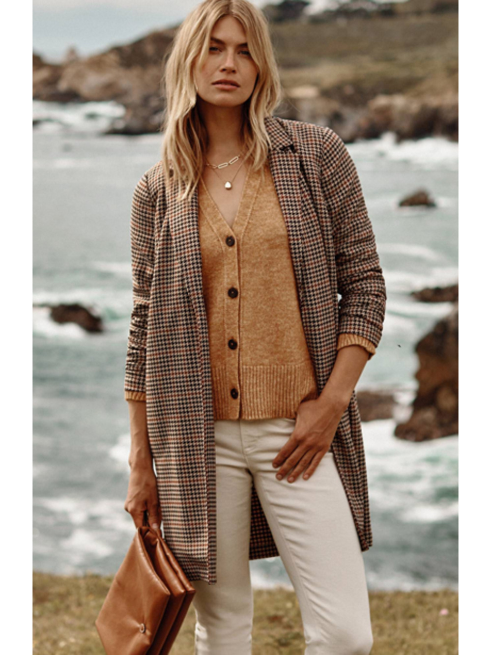 J. Jill Houndstooth Long Blazer in Brown and Cream